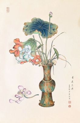 MARY CHENG - FLOWER VASE WITH LOTUS - WATERCOLOR - 18 X 27.5