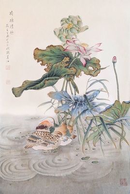 MARY CHENG - LOTUS AND COLORFUL DUCKS - WATERCOLOR - 18.5 X 26.75