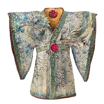 MARIA COUNTS - GREEN BAMBOO DRAGON KIMONO - CERAMIC - 12.75 X 12.5