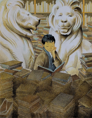 RAUL COLON - READING WITH LIONS - WATERCOLOR & PENCIL - 10.25 x 13