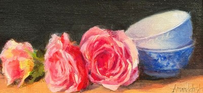 AMANDA FISH - PINK ROSES AND BOWL - OIL ON CANVAS - 8 X 4