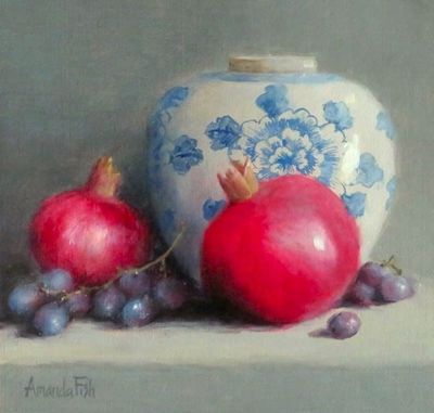 AMANDA FISH - POMEGRANATES & GRAPES - OIL ON CANVAS - 8 X 8