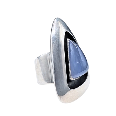 BILL GALLAGHER - BLUE CHALCEDONY SHADOWBOX DESIGN STERLING SILVER RING - STERLING