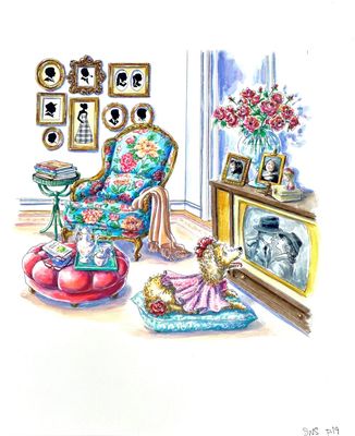 ROBIN PREISS GLASSER - FIFI WATCHING TV - WATERCOLOR - 10 X 10