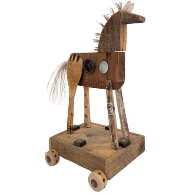 BRIDGET HOFF - HORSE SCULPTURE ON WHEELS - MIXED MEDIA - 9.5 X 13.5 X 6.5