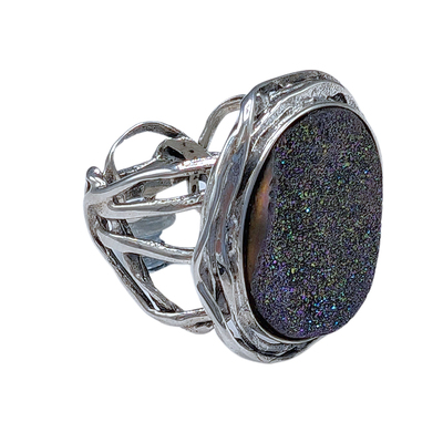 ITHIL METALWORKS - IRRIDESCENT DRUZY & SS RING - STERLING & GEMSTONE
