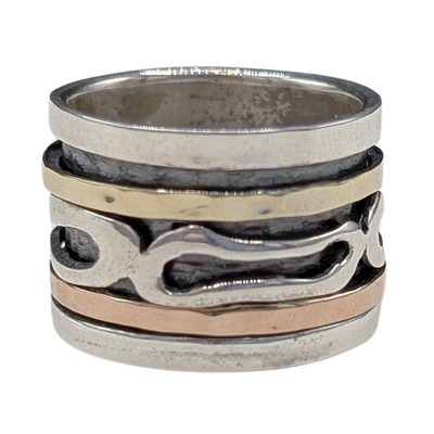 ITHIL METALWORKS - ABSTRACT ROSE GOLD, 9K GOLD & SS RING - STERLING & GEMSTONE