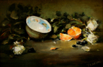 JACQUELINE KAMIN - ORANGES WITH LIMOGE CHINA - OIL ON BOARD - 12 X 8