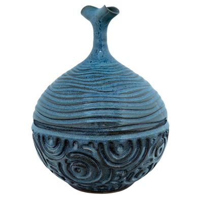 JOE LEE - BLUE EMBOSSED BUBBLE VASE - CERAMIC - 7 X 91/2