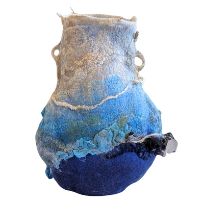 BETH MARX - FELTED VESSEL CREAM, LIGHT & DARK BLUES - FIBER - 9 X 13.5 X 7