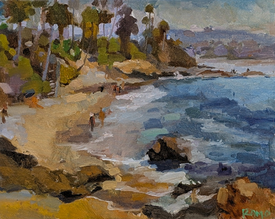 ERNIE ROMO - LAGUNA BEACH COASTLINE - OIL ON BOARD - 24 X 12