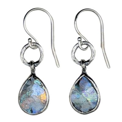 SAPHARIM RAHAV - TEARDROP ROMAN GLASS EARRINGS - STERLING SILVER