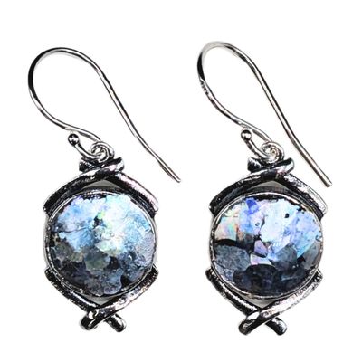 SAPHARIM RAHAV - CIRCLE ROMAN GLASS EARRINGS WITH BORDER - STERLING SILVER