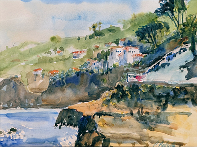 PETE ROBERTS - HILLSIDE VILLAGE - WATERCOLOR - 8.5 x 12