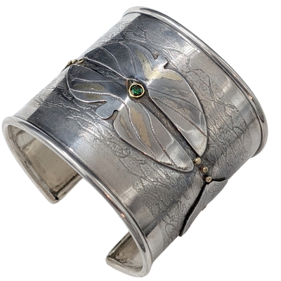 MONIQUE SELWITZ - TOURMALINE SET IN 18K GOLD/ GOLD LEAFING CUFF - STERLING & GEMSTONE - 2' WIDE