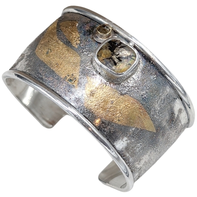 MONIQUE SELWITZ - RETICULATED QUARTZ & CITRINE SET IN 22K GOLD CUFF - STERLING & GEMSTONE - 11/4" WIDE