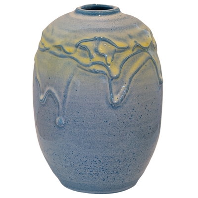 KENNY SMITH - BLUE AND LIME GREEN DRIP VASE - CERAMIC - 7.5 X 6 X 6