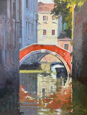 JIE ZHOU - RED BRIDGE IN VENICE - OIL - 26 X 34